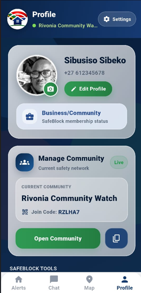 SafeBlock profile and community screen